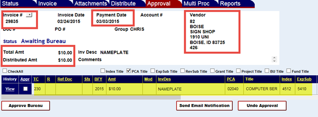 Invoice shown with invoice number, payment date, vendor name and address, total amount and fiscal coding fields highlighted