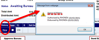 View link and approval history pop up window shown