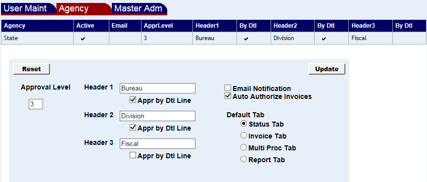 Agency screen with various settings shown