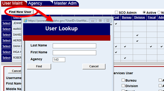 User Maintenance screen with Find New User button highlighted and user lookup window displayed