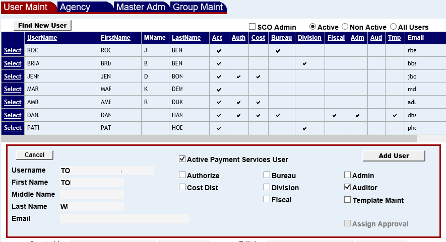 User maintenence screen with various settings shown