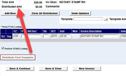 Distributed amount field highlighted