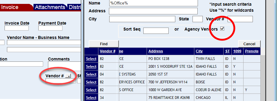 the agency vendors check box highlighted