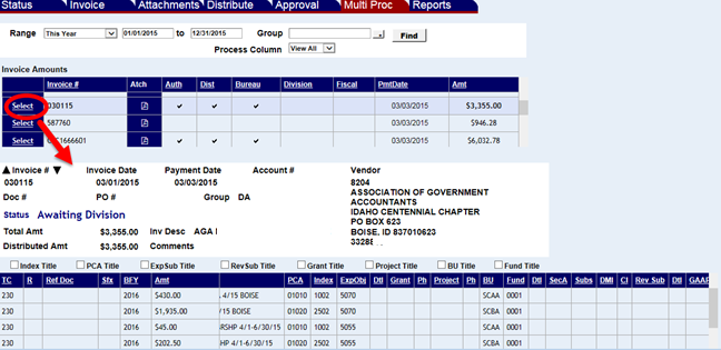 select link hihglghted and invoice details shown