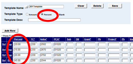 the percent radio button and the percentage fields highlighted