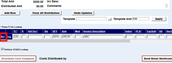 the delete link highlighted on a transaction row