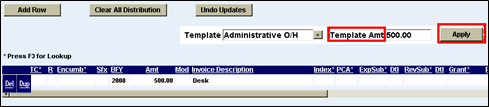 the template amount field and the apply button highlighted