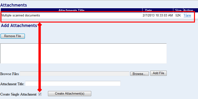 The Create single attachment check box and the attached document highlighted