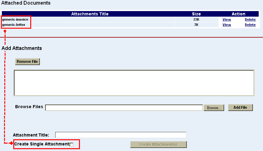 The Create single attachment check box shown as uncheckedand the attached documents highlighted