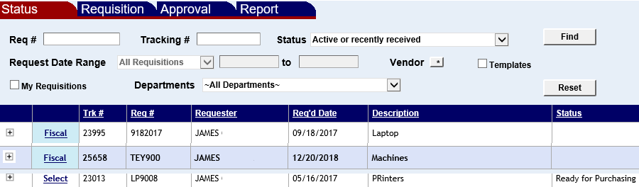 requisition status screen with line item menu links