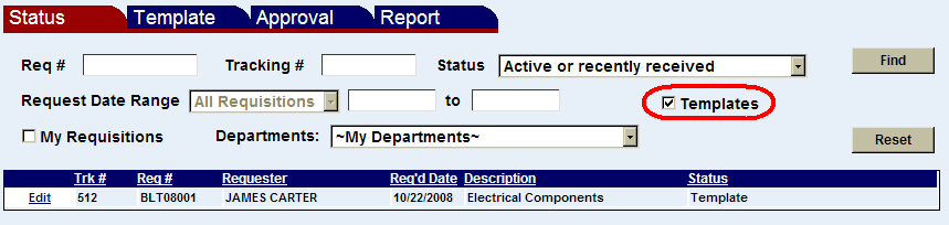 the requisitions status screen with the template check box highlighted