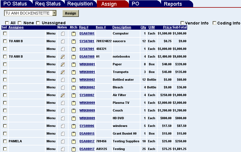 a list of purchase orders on teh assign screen