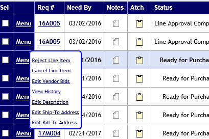 purchase order screen with list of line item menu options