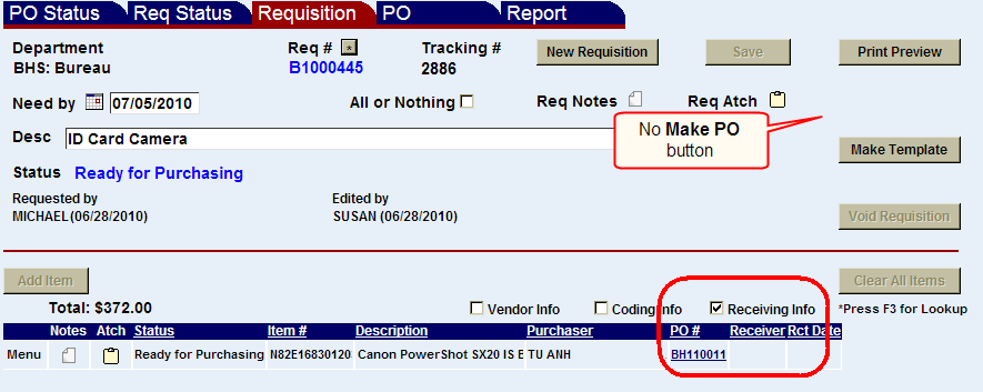 No make po button message and the Receiving info check box highlighted