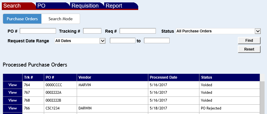 a list of processed purchase orders