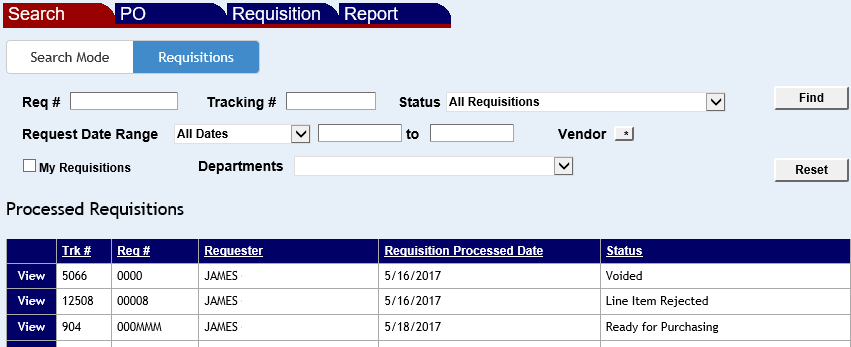 a list f processed requisitions