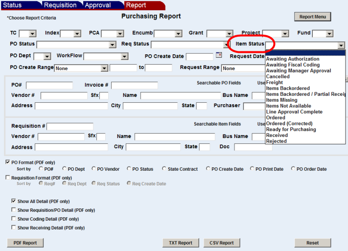 the receiving reports menu with item status highlighted