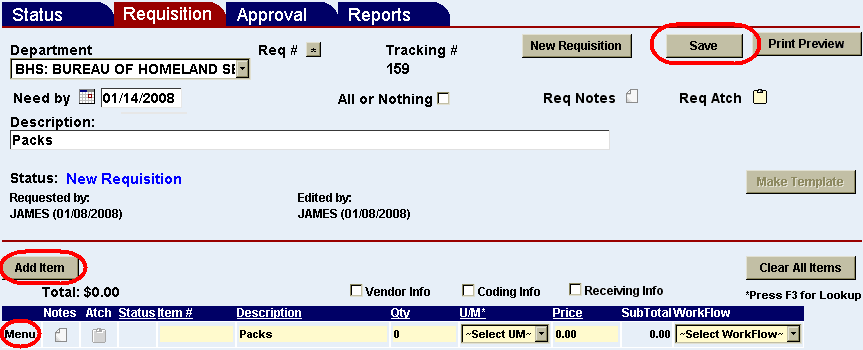 requisition page with the save button, the add item button, and the menu link highlighted
