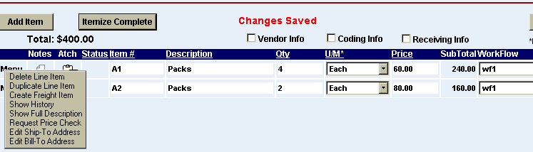 a list of the line item menu options