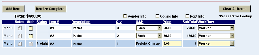 a requisition with a line for the freight charge