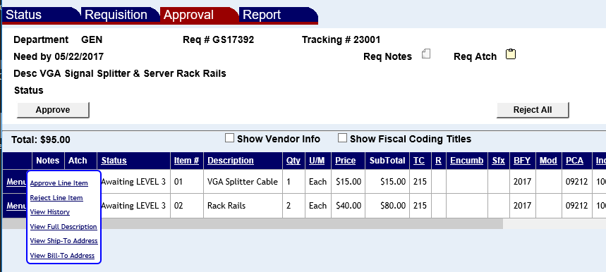 Approval screen with line item menu shown