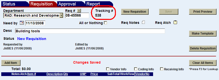 requisition tracking number highlighted