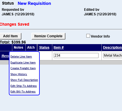 the line item menu of a saved requisition