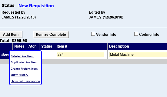 the line otem menu of a new requsition