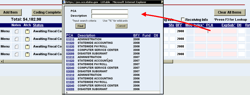 PCA field highlighted and a list of PCA codes shown