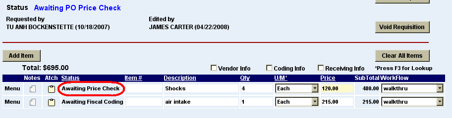 the awaiting price check status highlighted