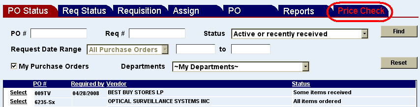 the price check tab on the purchase order screen