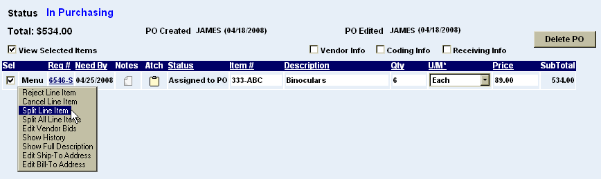 line item menu with the split line item command highlighted