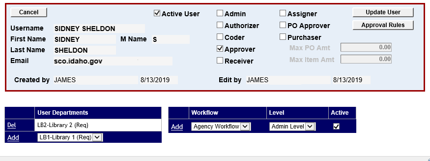 user profile with user departments drop down menu shown