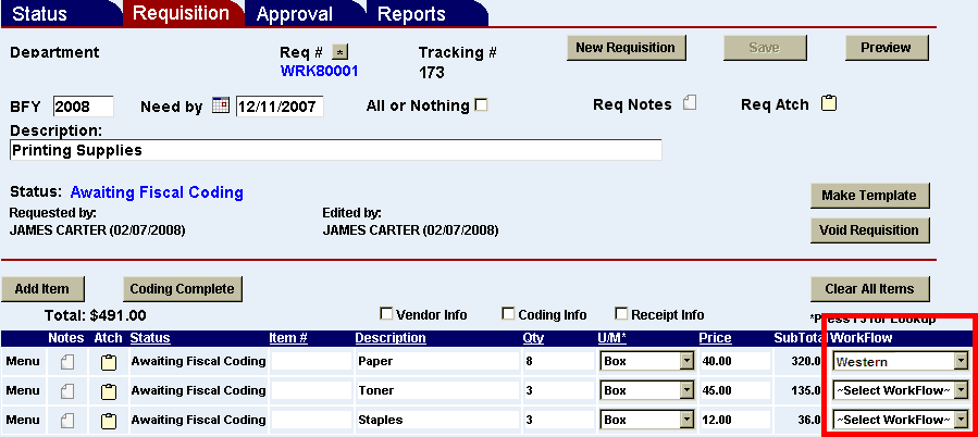 a requisition with the workflow drop down menu highlighted