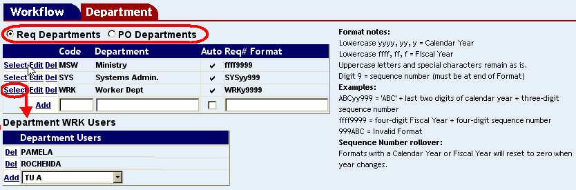 list of users on the Agency Department screen