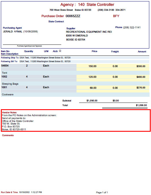 a purchase order with default note highlighted