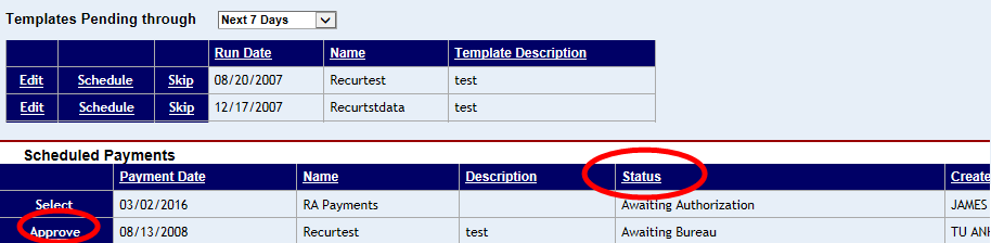 Scheduled Payments screen with Status column header highlighted