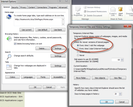 Internet Explorer Temporary Internet Files and History Settings menu