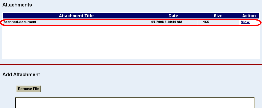 an attached document shown with a view link highlighted