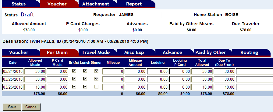 the per diem screen with several rows of expenses shown