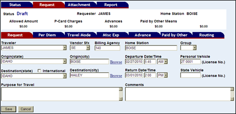 the travel request fields