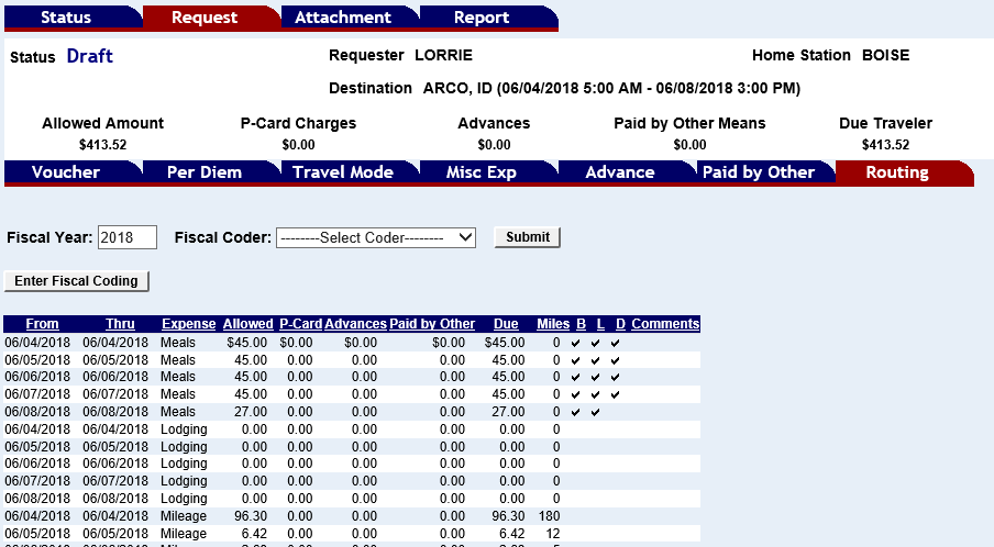 the routing screen with voucher expenses shown