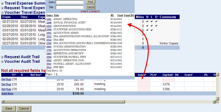 an index code field highlighted and the index lookup window shown