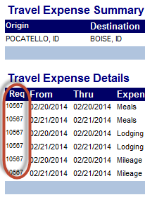 travel request numbers highlighted on the Report tab screen