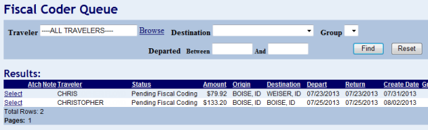 two vouchers shown on the fiscal coder screen