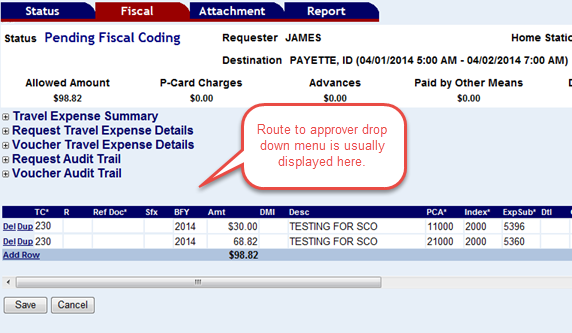 the fiscal coding screen without a route to approver drop down menu