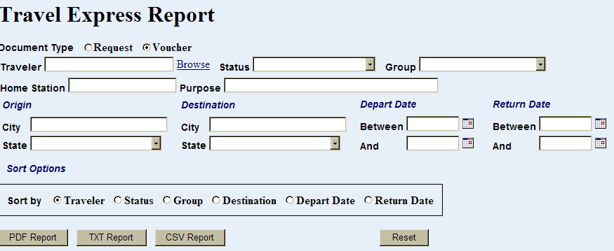 voucher report search criteria fields