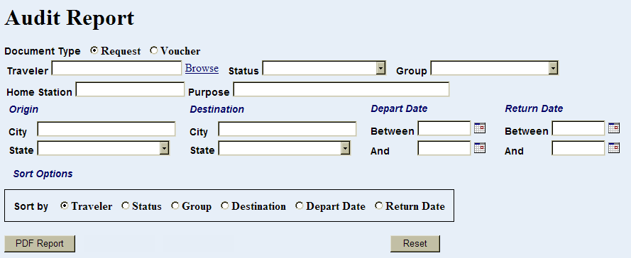 the audit report search criteria fields