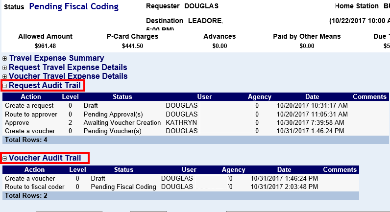 the requset audit trail link and the voucher audit trail link highlighted