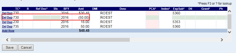 the transaction code 730 highlighted